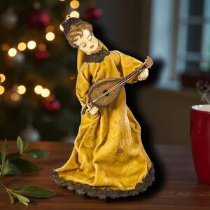 Vintage 15" Wax Head Velvet Angel Tree Topper Mandolin Wicker Base Holiday Decor